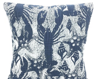 Nautical Pillow Covers Navy White Decorative Pillows Cushions Throw Pillow Cello Blue Faded Denim Lobster Slub Canvas Couch Various SIZES