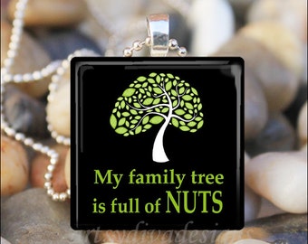 MY FAMILY TREE Is Full of Nuts Sarcastic Funny Humorous Sassy Glass Tile Pendant Necklace Keyring