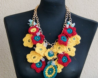 Summertime Statement Bib crochet necklace with bead, metallic ,avant- garde, boho, crochet necklace,bohemian style