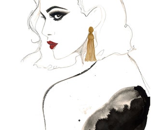 The Tassel Earring, print from original watercolor and pen fashion illustration by Jessica Durrant