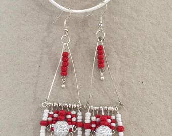 Earrings, red and white