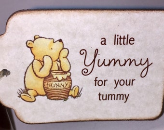 Winnie The Pooh Baby Shower Favor Tags, Baby Christening Birthday Party A Little Yummy for Your Tummy Tags - Vintage Style Set of 20