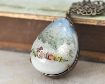 women's jewelry, holiday necklace, SNOW GLOBE, vintage style hand painted forest and snow necklace antiqued brass, plasticouture