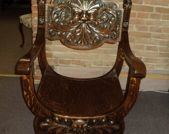 Antique Oak Throne Chair, Carved North Wind Face & Lion's Heads