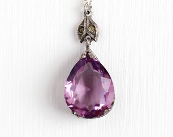 Antique Lavalier Necklace - Vintage Sterling Silver Simulated Amethyst Pendant - 1910s Purple Glass Teardrop Paste Rhinestone Jewelry