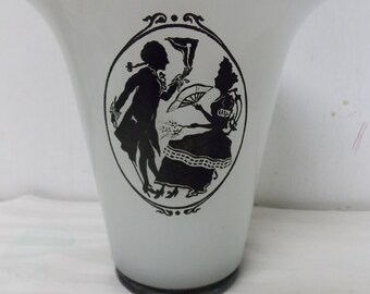 Shabby Chic French Country Courtisan Black Silhouette Fluted Milk Glass Vase