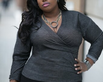 ANJI Plus Size Wrap Top, Curvy Wrap T-Shirt in Black Stretch Denim Jersey, Long sleeve Slim fit