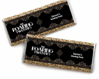Roaring 20's - 1920s Art Deco Jazz Candy Bar Wrappers - Personalized Twenties Party Favors - Great Gatsby Theme Party - 24 Count