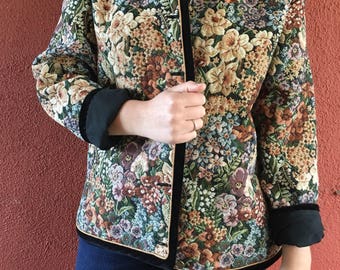 Vintage Floral Tapestry Textured Jacket with Velvet Piping