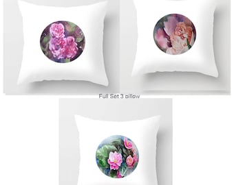 Set 0f 3 Pillow Pink Flower Watercolor Cusion White Pillow Indoor Outdoor