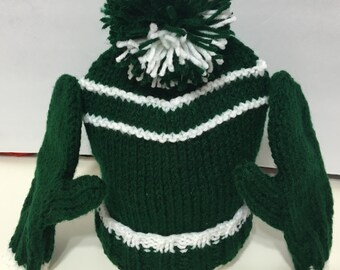 READY TO SHIP Handmade Knit Toddler Hat and Mittens Set/Boys/Green/White Size: 3 to 5 years