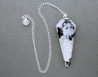 Rainbow Moonstone Point Pendulum Pendant-- Moonstone Crystal Point Pendant with Silver Plated Chain and Bail (S49B4-01)