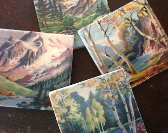 Vintage Paint by Number stone coaster set - kitchy, unique home decor