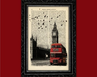London and the Double-Decker Bus Art Print Big Ben Poster Book Art Street Dorm Room Print Gift Print Wall Decor Poster Dictionary Print