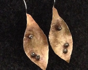 leaf earrings -gemstone pyrite "dew drops" -