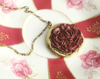 Flower Locket , Bugundy Peony Flower, Valentines Day Locket, Vintage Locket Necklace