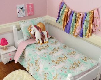 Unicorn doll bedding, 18 inch doll bedding, doll bedding for American Girl, felt unicorn, gold heart pillow