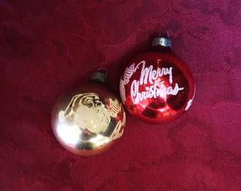 Vintage Ornaments - Mercury Glass Stenciled Santa & Merry Christmas Ornaments