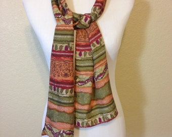 Silk Scarf in Shades of Green and Orange 10.25 Inches Wide by 60.25 Inches Long Previously 20 Dollars ON SALE