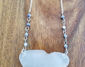 White Sea Glass with Chambray Blue Bead Necklace