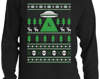 Alien Reindeer Abduction Ugly Christmas Sweater Men's Long Sleeve T-Shirt