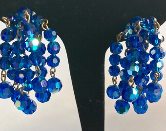 Vintage Aurora Borealis Blue Glass Waterfall Clip Earrings