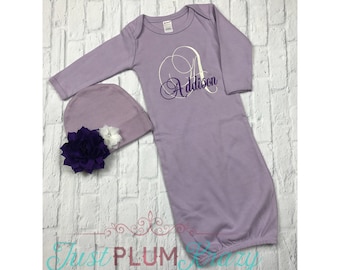 Baby girl coming home outfit,baby girl gown,monogrammed infant gown,newborn girl outfit,personalized gown,baby girl,purple gown,newborn girl