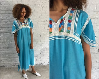 vintage 70s embroidered caftan / 1970s boho maxi dress turquoise floral embroidery tunic kaftan