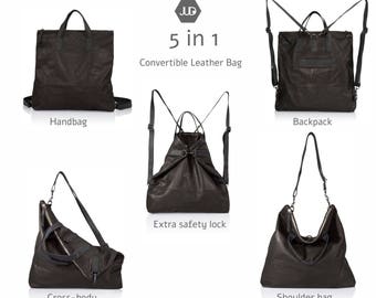 Black Leather Convertible leather backpack tote Laptop leather backpack Women leather bag Leather rucksack purse Convertible rucksack tote