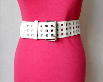 Vintage Women's White Leather Belt, White Waist Belt