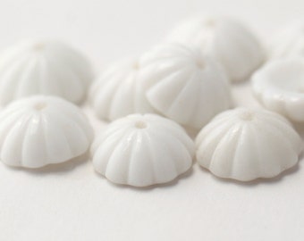 Vintage German Glass Scalloped White Bead Caps 14mm (8)