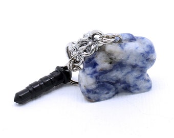 Bunny Phone Charm - Rabbit Dust Plug Charm, Blue Gray Sodalite Stone, Mini Chainmaille, Headphone Jack Charm, Cell Phone Accessory