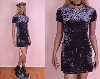 90s Purple Crushed Velvet Mini Dress/ Small/ 1990s/ Short Sleeve