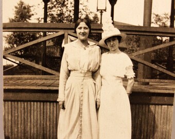 2 Women Antique Photograph Sepia 1910 Fashion