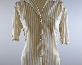 Boxy Tan and White Striped Short Sleeve Pocketed Blouse