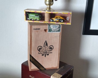 Cigar Box Art Table Lamp Secret Storage Display Hot Wheels Mancave Edison Bulb