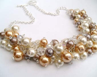 Pearl Beaded Necklace, Bridal Jewelry, Ivory Gold and Taupe, Neutral Colours, Cluster Necklace, Chunky Necklace, Bridesmaid Gift
