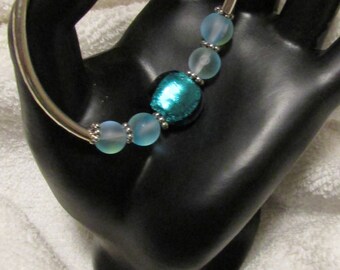 Teal/Silver Banded Bracelet & Pierced Earring Set