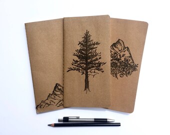 Montagne les voyageurs carnet 3 Pack, Journal de voyage, pin arbre Journal, carnet de voyage de Journal, les voyageurs cahier, Midori Journal Insert