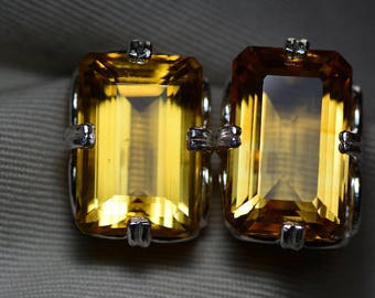 Citrine Earrings, Certified 43.89 Carat Citrine Stud Earrings Appraised 2,200.00 Sterling Silver, Real Statement Earrings, Emerald Cut