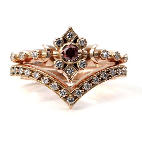 Irradiated Peach and White Diamond Tiny Moon Engagement Ring Set - 14k Rose Gold