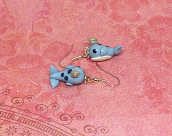 Blue Narwhal Earrings, Narwhals, Sea Creatures, Handmade, Polymer Clay, Narwhal Charm, Animal Earring, Animal Jewelry, Unicorns of the Sea