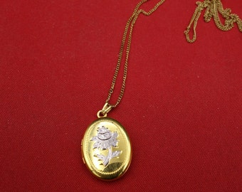 Vintage Gold filled etched Flower Locket, Gold Oval Locket