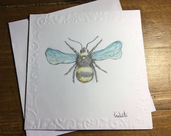 Hand Drawn Bee card. Pencil and watercolour