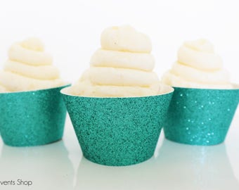 Teal Glitter Cupcake Wrappers, Teal Party Supplies, Teal Party Decor, Glitter Cupcake Wrappers, Cupcake Sleeves-Set Of 6, 12,18,24+