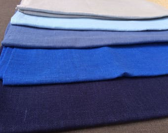 Blue linen fabric remnants, solid european natural linen, medium weight flax for sewing, patchwork, DIY craft projects