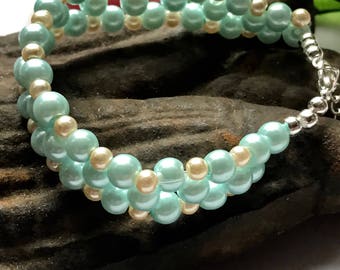Woven bracelet, Baby blue and Ivory woven bracelet, Pale blue bracelet, Blue and Ivory bracelet