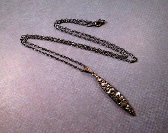 Black Rhinestone Pendant Necklace, Brass Pave Bar Necklace, Gunmetal Silver Necklace, FREE Shipping U.S.