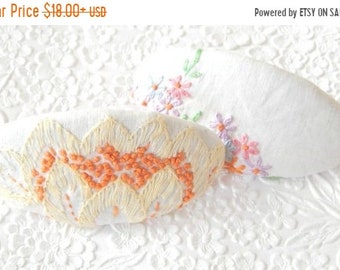 CLEARANCE - White cotton oval embroidered hair barrette, floral clip, fabric ponytail holder, hair accessory, fashion accessory