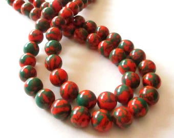 Green Orange Round Beads - Phoenix Stone Round Beads - Smooth Round Ball - 10mm - Center Drilled Gemstone - 16" Strand - DIY Jewelry Making